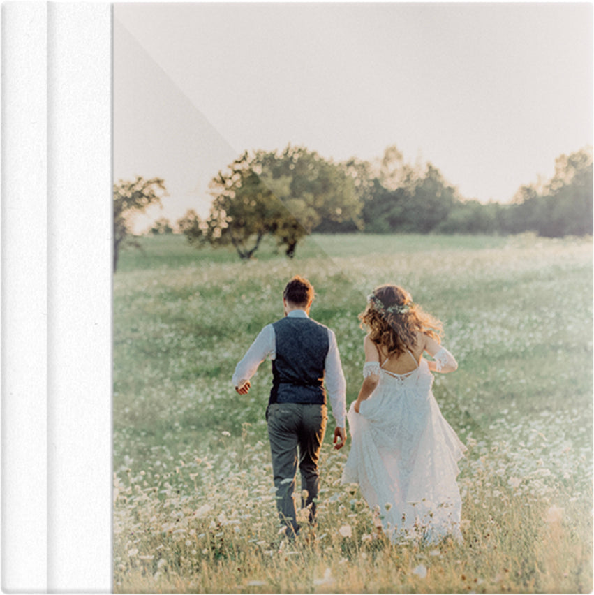 Frothy White leatherette wedding album, full acrylic photo cover, 12x12