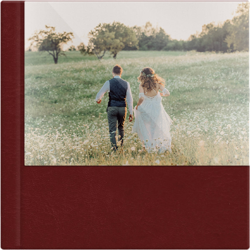 Cranberry Vintage leatherette wedding album, half acrylic photo cover, 12x12