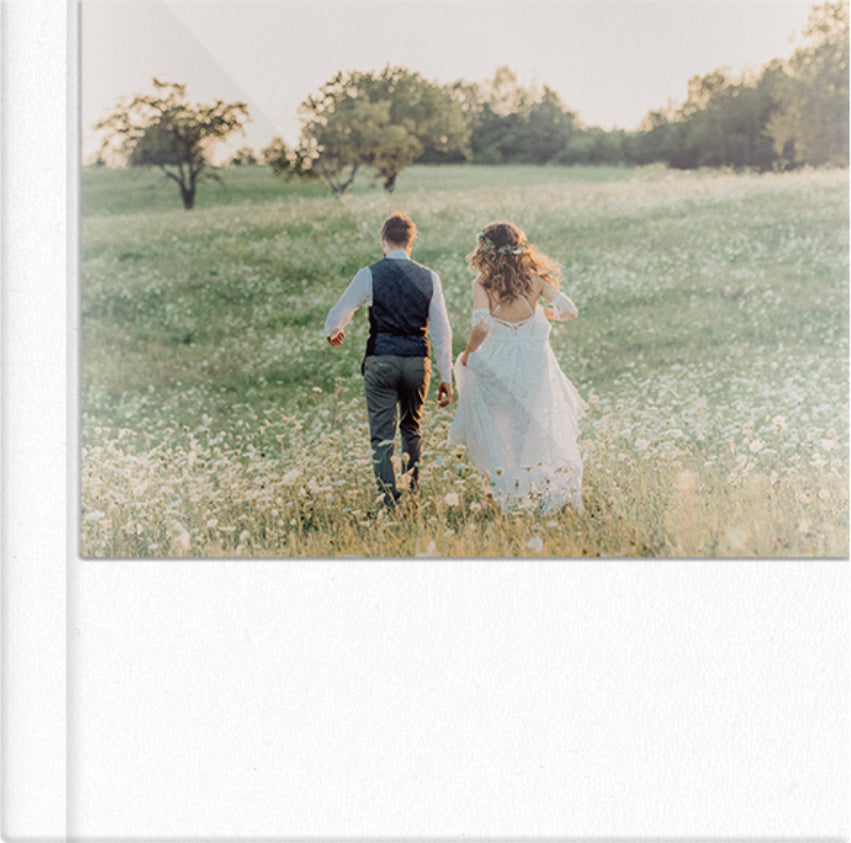 Frothy White leatherette wedding album, half acrylic photo cover, 12x12