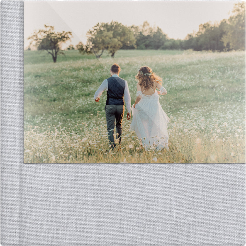 Cold Grey linen wedding album, half acrylic photo cover, 12x12