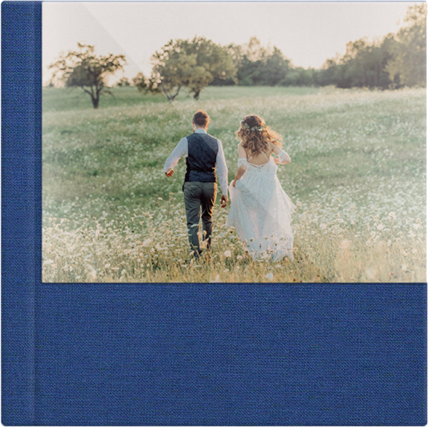Navy linen wedding album, half acrylic photo cover, 12x12