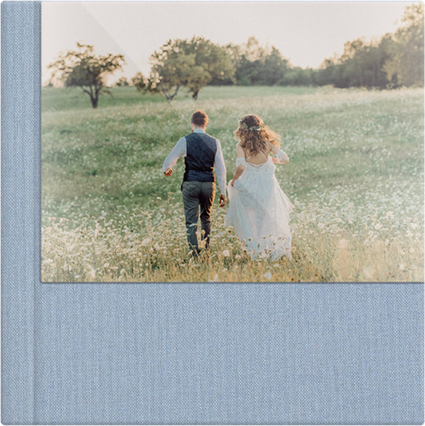 Pigeon Blue linen wedding album, half acrylic photo cover, 12x12