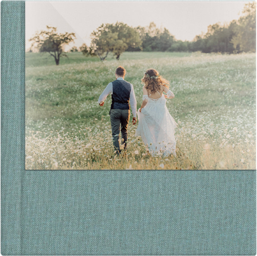 Sage Green linen wedding album, half acrylic photo cover, 12x12