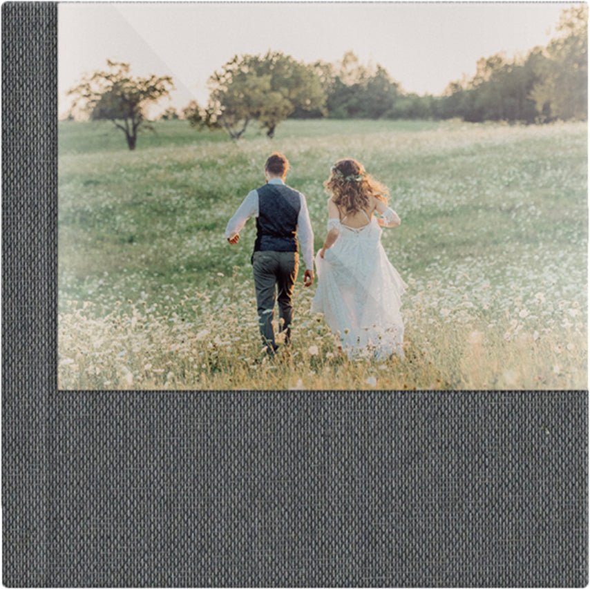 Smoke Grey linen wedding album, half acrylic photo cover, 12x12