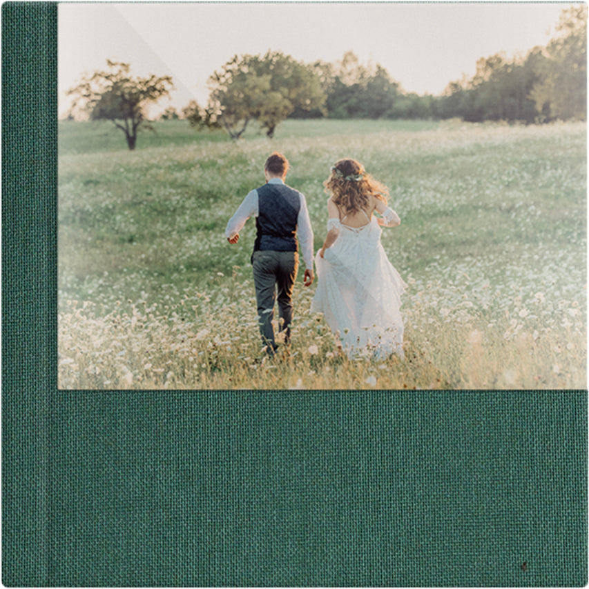 Spruce Green linen wedding album, half acrylic photo cover, 12x12