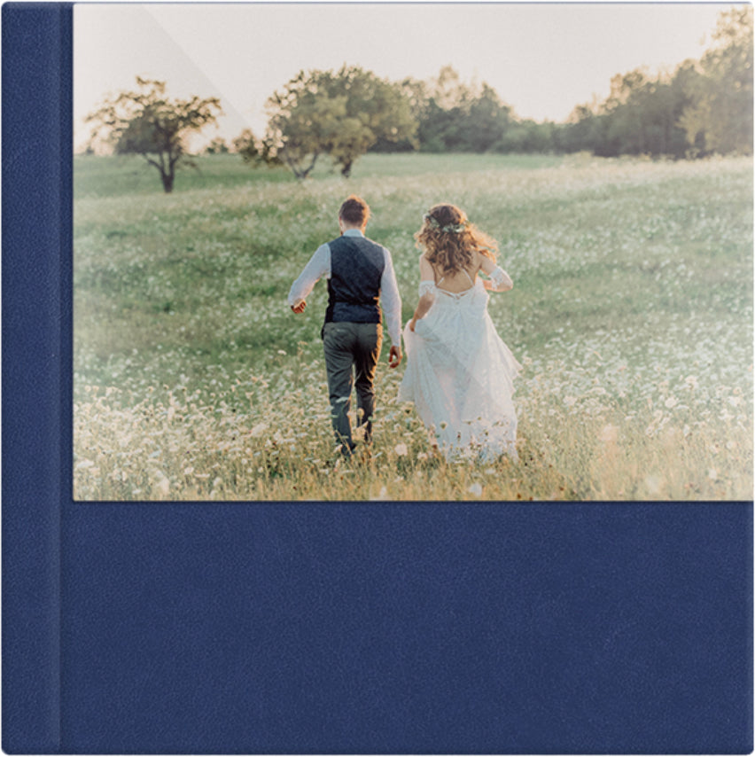 Navy leatherette wedding album, half acrylic photo cover, 12x12