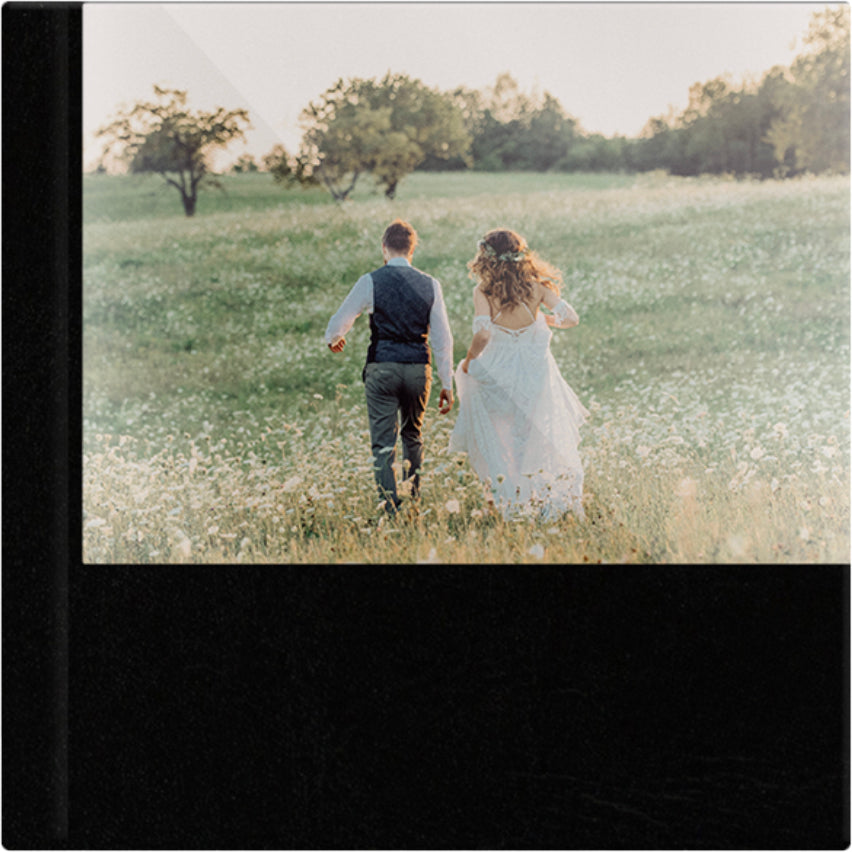 Raven Black leatherette wedding album, half acrylic photo cover, 12x12