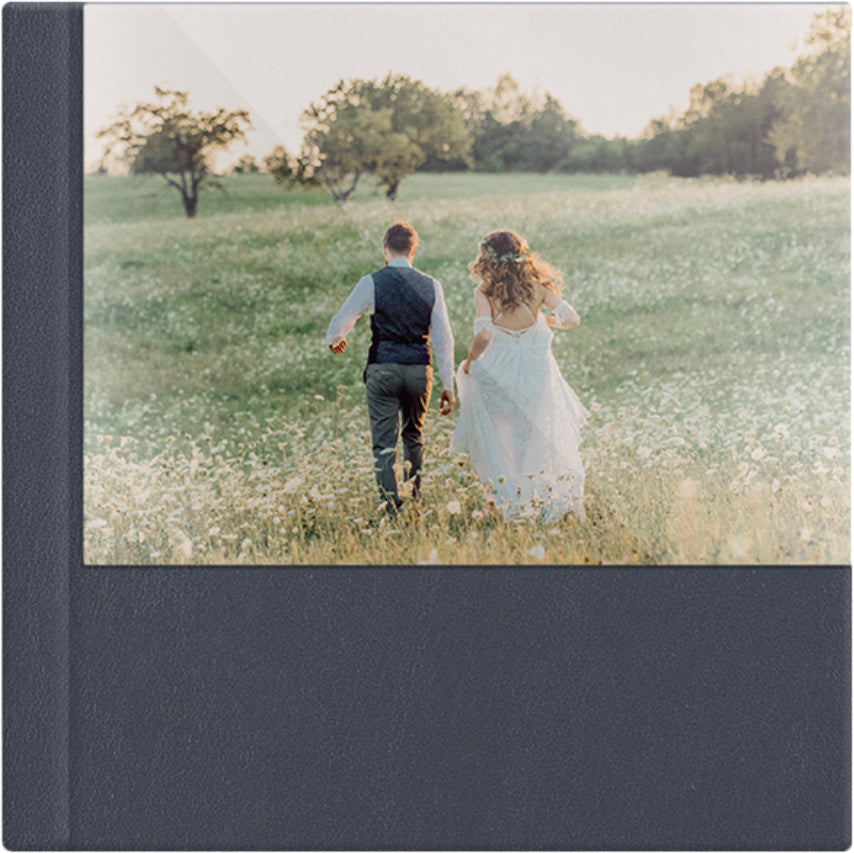 Stone Grey leatherette wedding album, half acrylic photo cover, 12x12