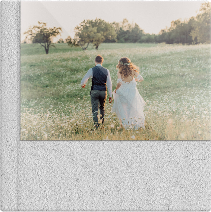 Dove Grey suede wedding album, half acrylic photo cover, 12x12