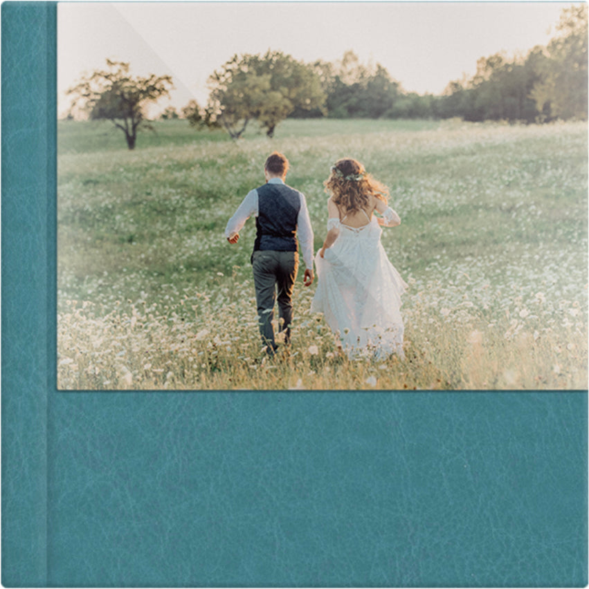 Turquoise leatherette wedding album, half acrylic photo cover, 12x12