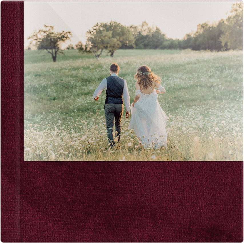 Burgundy velvet wedding album, half acrylic photo cover, 12x12