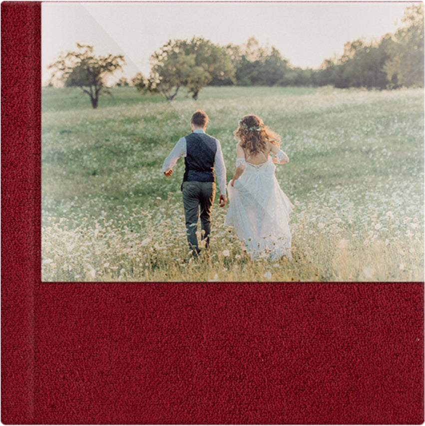 Cardinal Red velvet wedding album, half acrylic photo cover, 12x12
