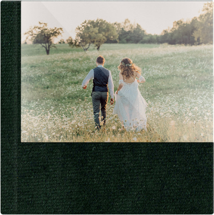 Emerald Green velvet wedding album, half acrylic photo cover, 12x12