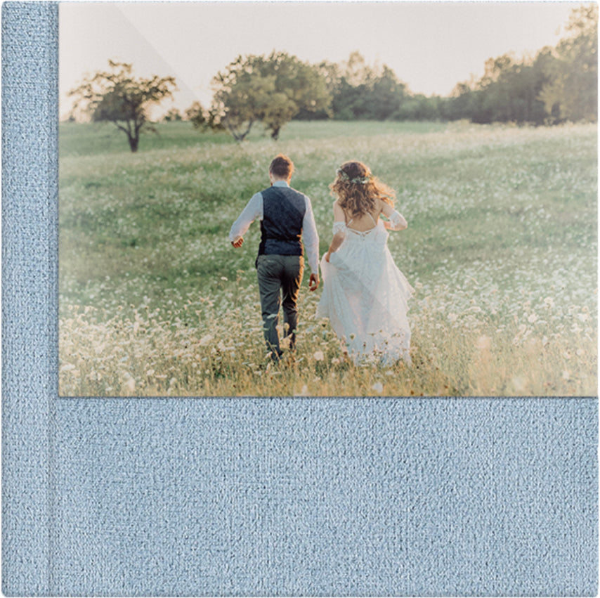 Robin Egg Blue velvet wedding album, half acrylic photo cover, 12x12