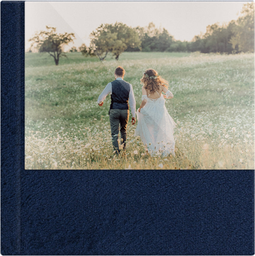 Royal Blue velvet wedding album, half acrylic photo cover, 12x12