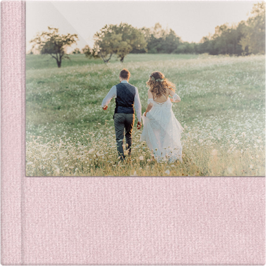 Soft Rose Pink velvet wedding album, half acrylic photo cover, 12x12