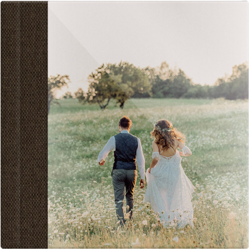 Brown linen wedding album, full acrylic photo cover, 12x12