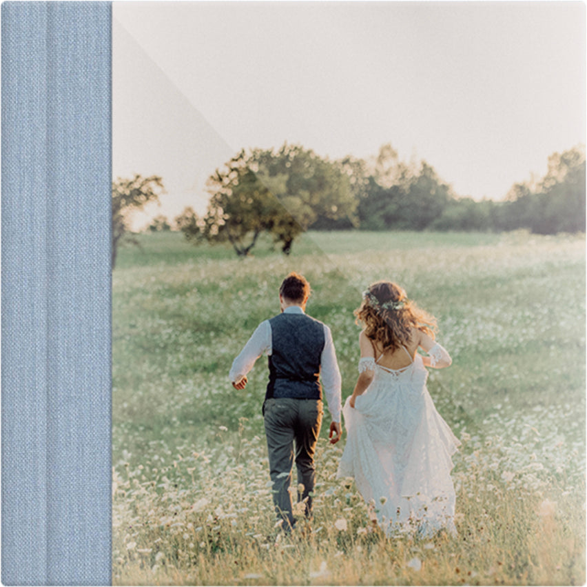 Pigeon Blue linen wedding album, full acrylic photo cover, 12x12