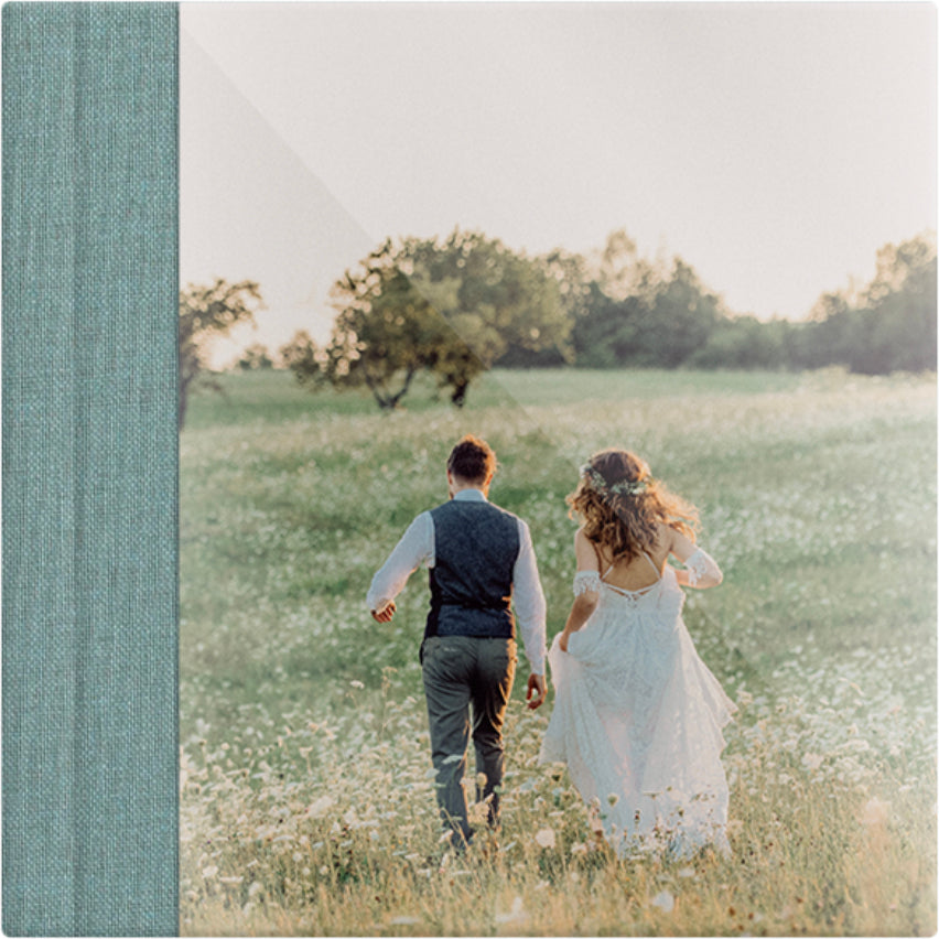 Sage Green linen wedding album, full acrylic photo cover, 12x12
