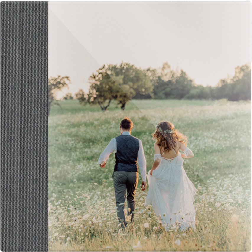 Smoke Grey linen wedding album, full acrylic photo cover, 12x12