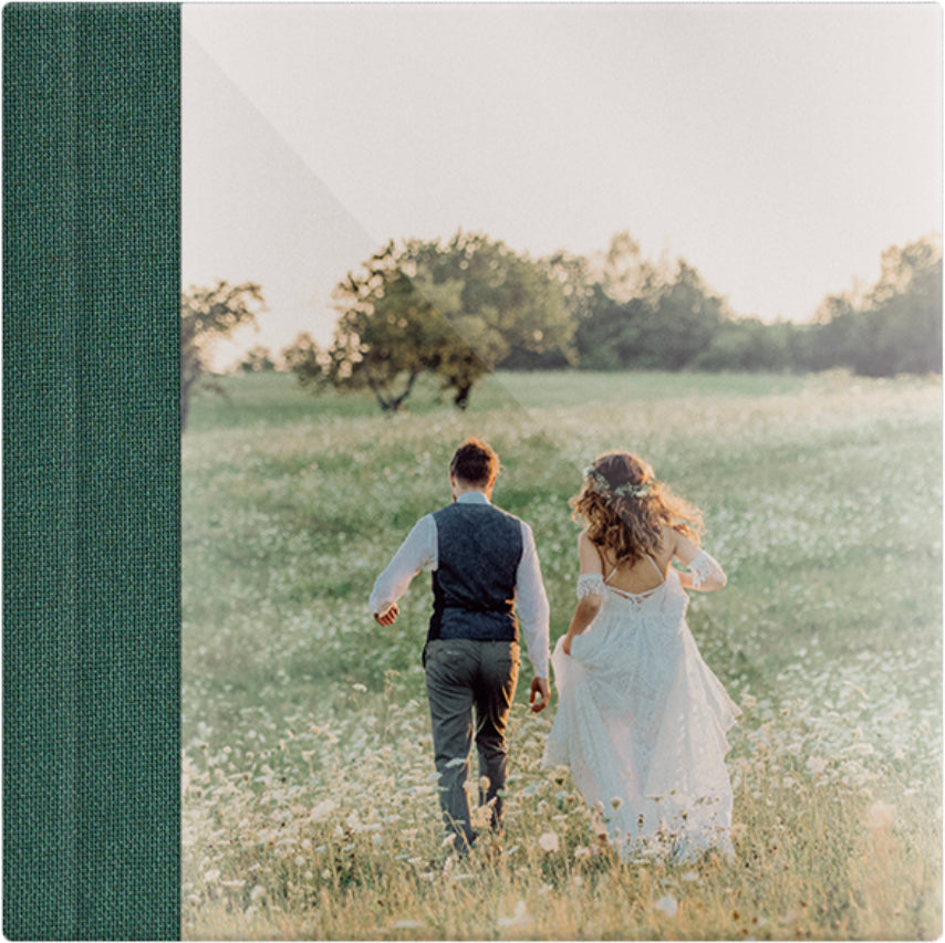 Spruce Green linen wedding album, full acrylic photo cover, 12x12