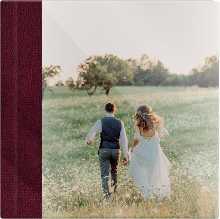 Burgundy velvet wedding album, full acrylic photo cover, 12x12