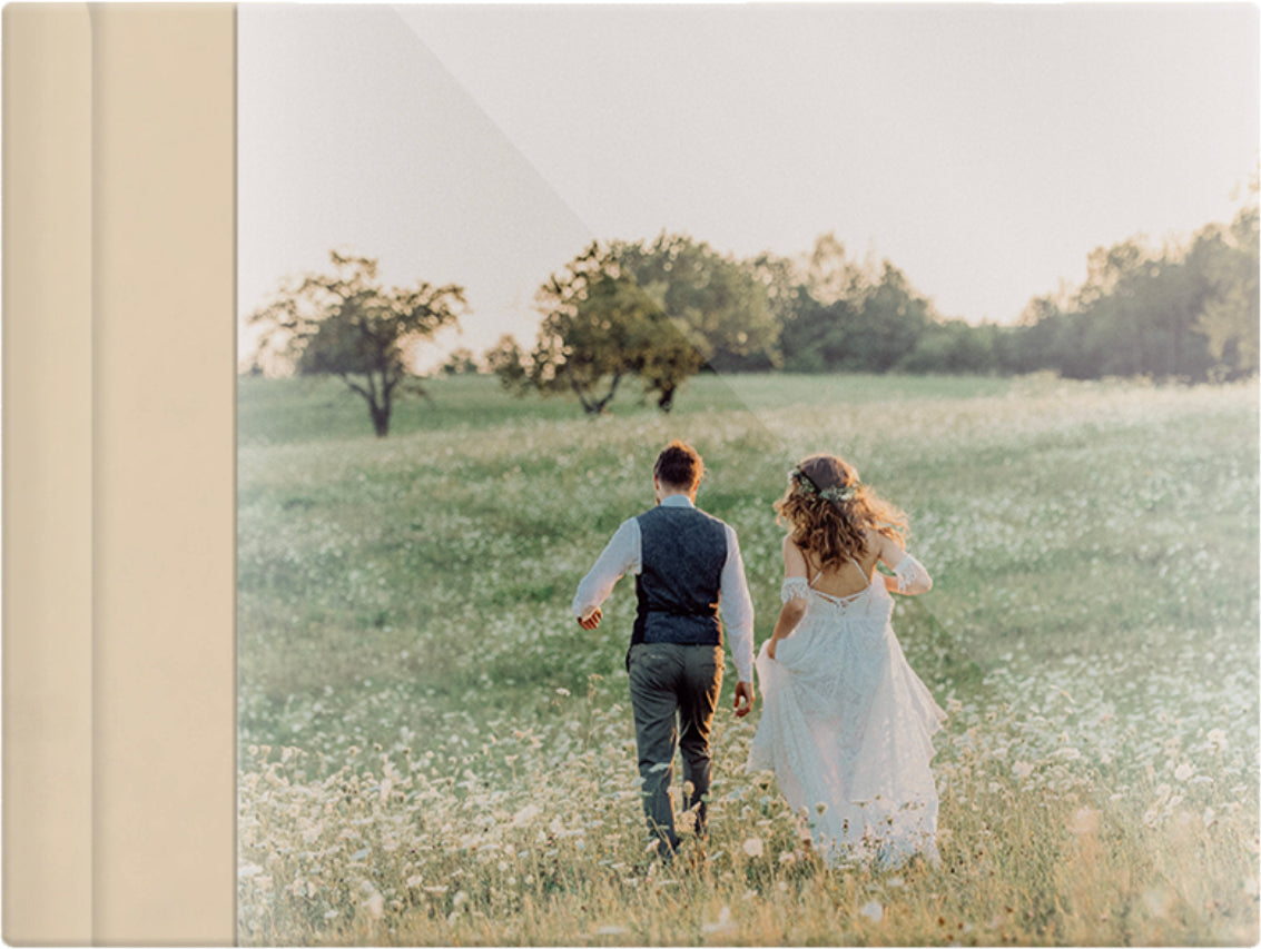 Champagne leatherette wedding album, full acrylic photo cover, 18x12