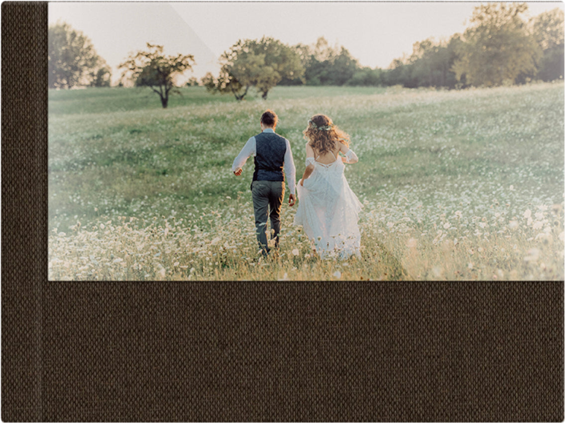 Brown linen wedding album, half acrylic photo cover, 18x12