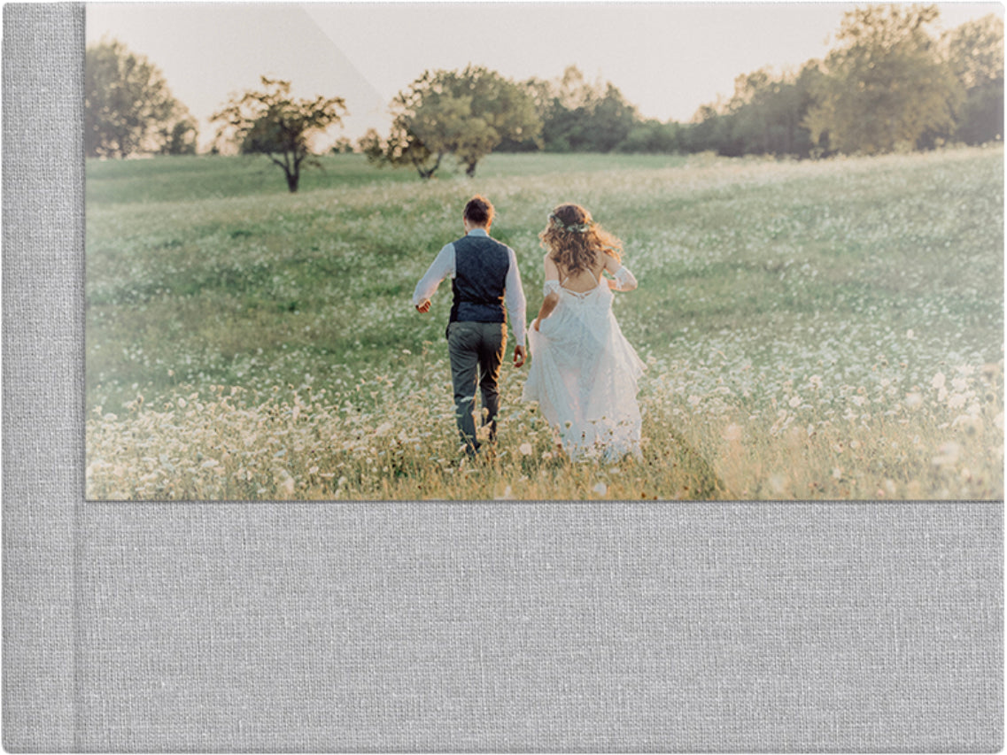 Mist Grey linen wedding album, half acrylic photo cover, 18x12