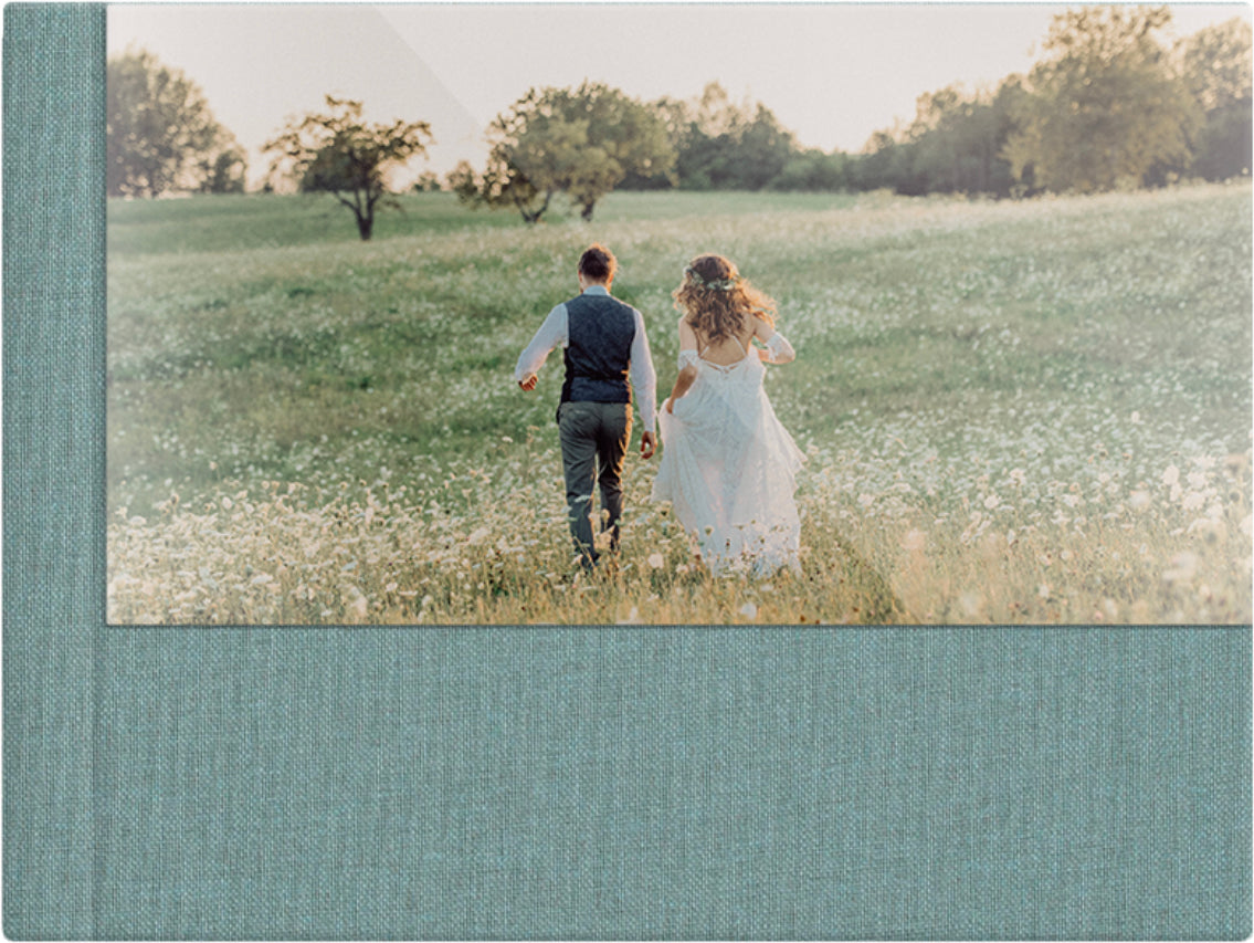 Sage Green linen wedding album, half acrylic photo cover, 18x12