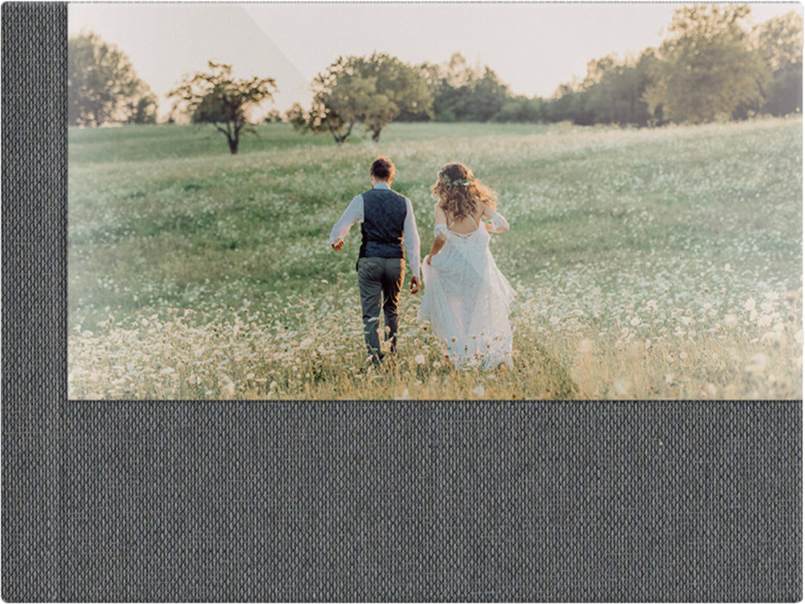 Smoke Grey linen wedding album, half acrylic photo cover, 18x12