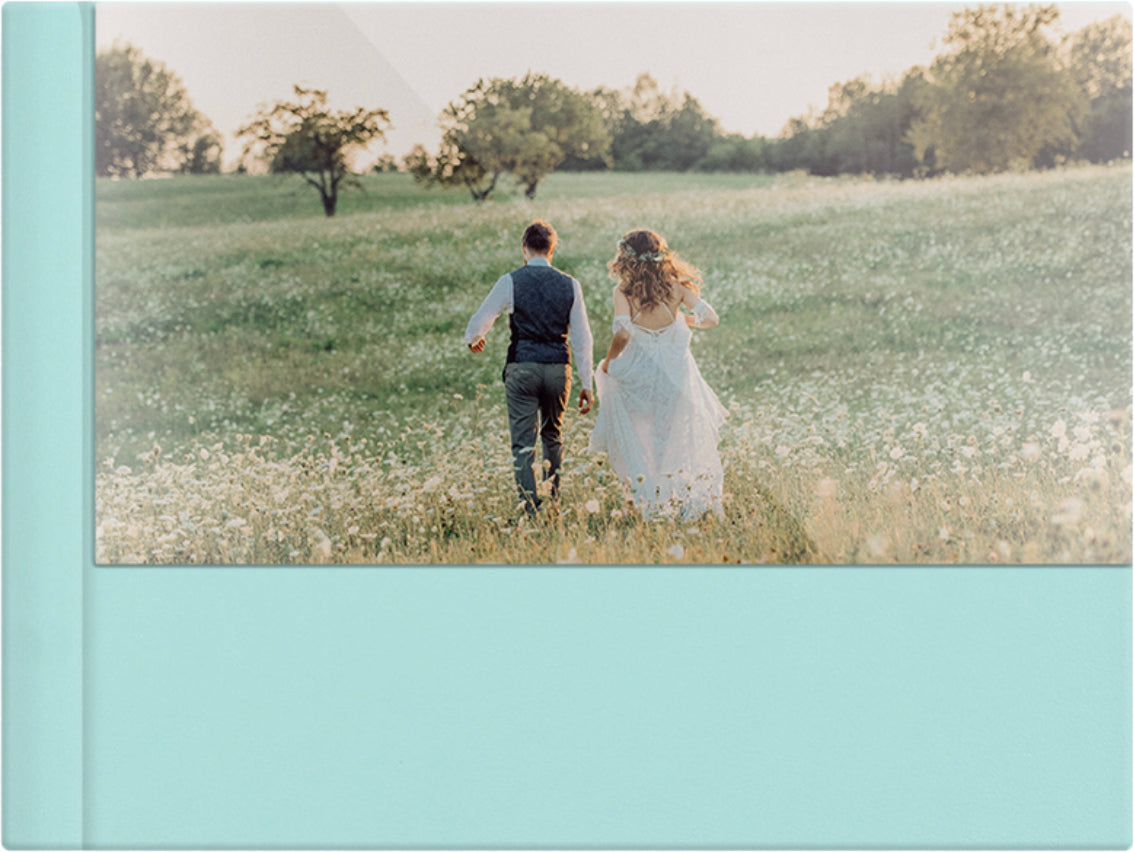 Mint Green leatherette wedding album, half acrylic photo cover, 18x12