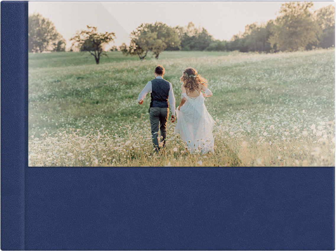 Navy leatherette wedding album, half acrylic photo cover, 18x12