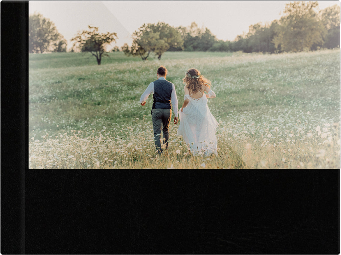 Raven Black leatherette wedding album, half acrylic photo cover, 18x12