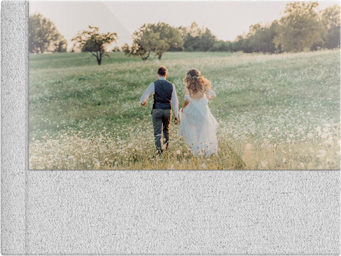 Dove Grey suede wedding album, half acrylic photo cover, 18x12