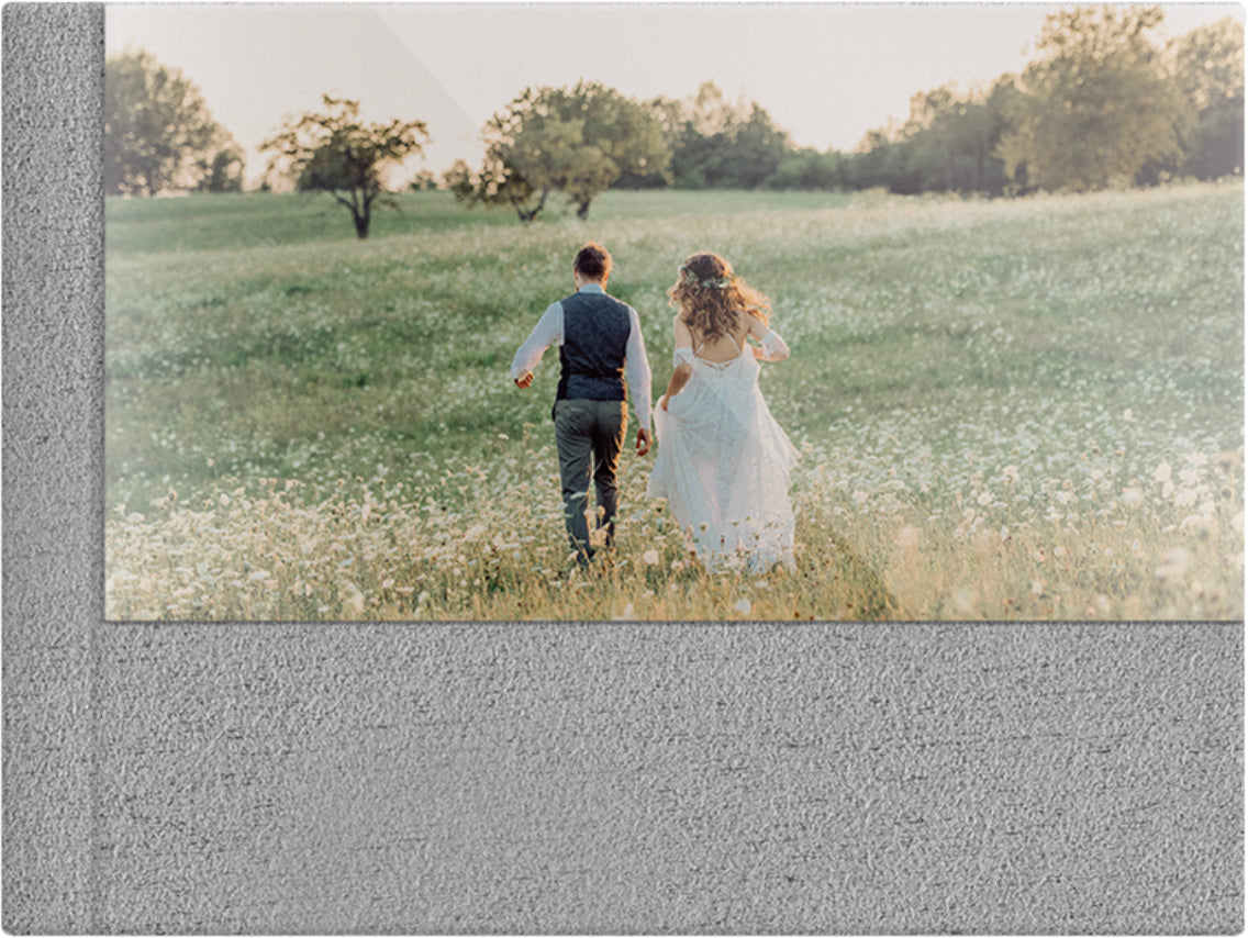 Elephant Grey suede wedding album, half acrylic photo cover, 18x12