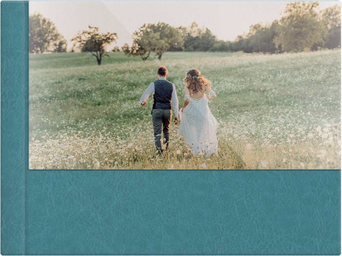 Turquoise leatherette wedding album, half acrylic photo cover, 18x12
