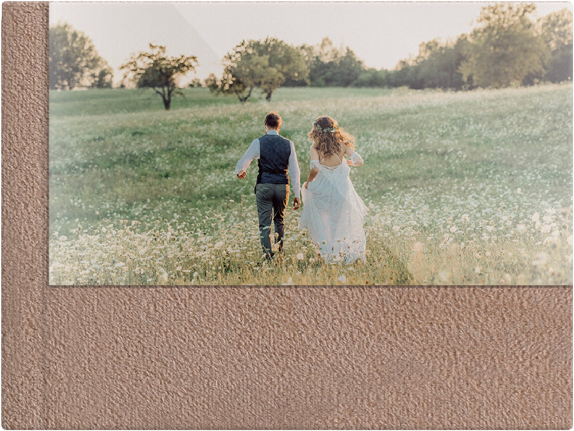 Camel Brown velvet wedding album, half acrylic photo cover, 18x12