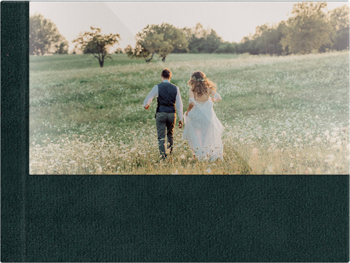 Deep Sea Blue velvet wedding album, half acrylic photo cover, 18x12