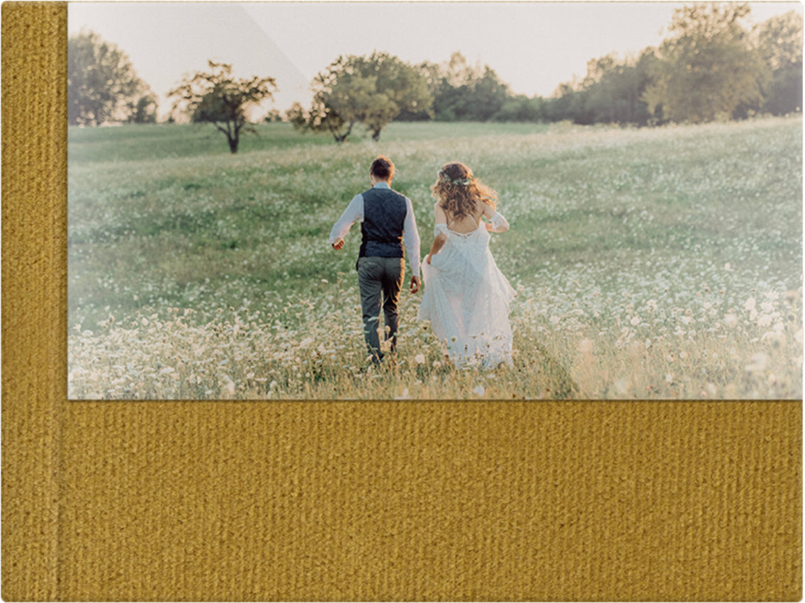 Dijon Yellow velvet wedding album, half acrylic photo cover, 18x12