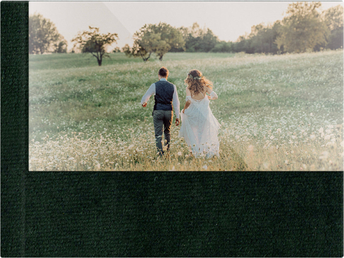Emerald Green velvet wedding album, half acrylic photo cover, 18x12