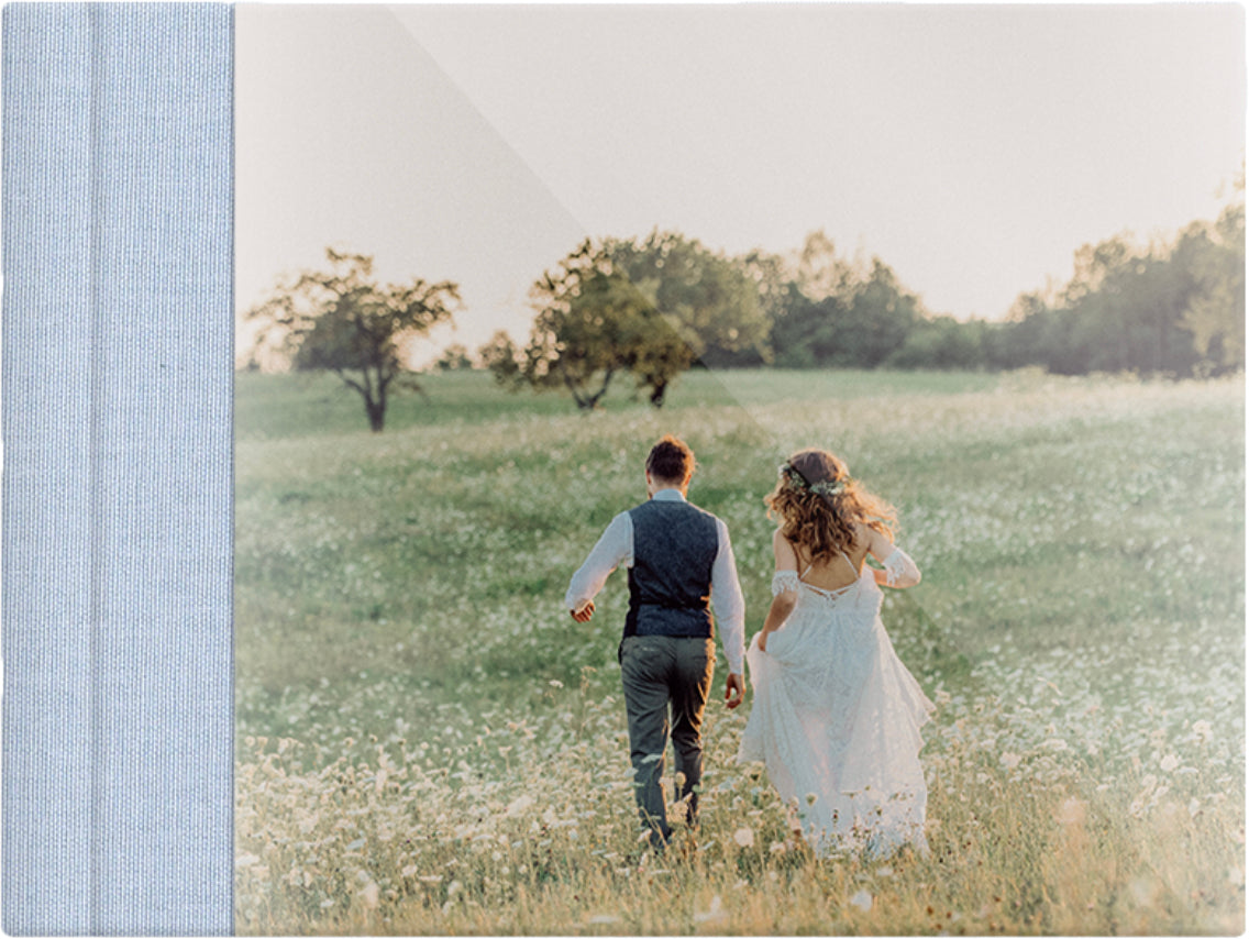 Baby Blue linen wedding album, full acrylic photo cover, 18x12