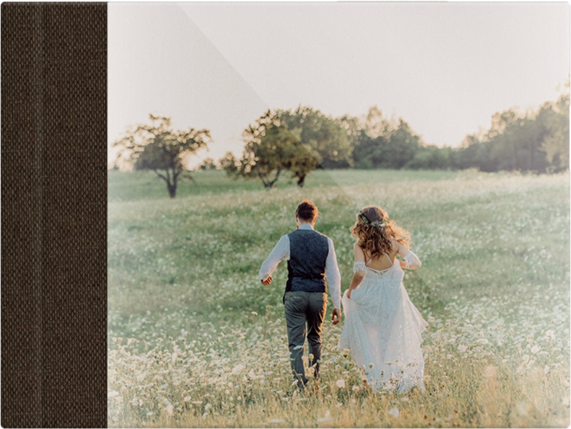 Brown linen wedding album, full acrylic photo cover, 18x12