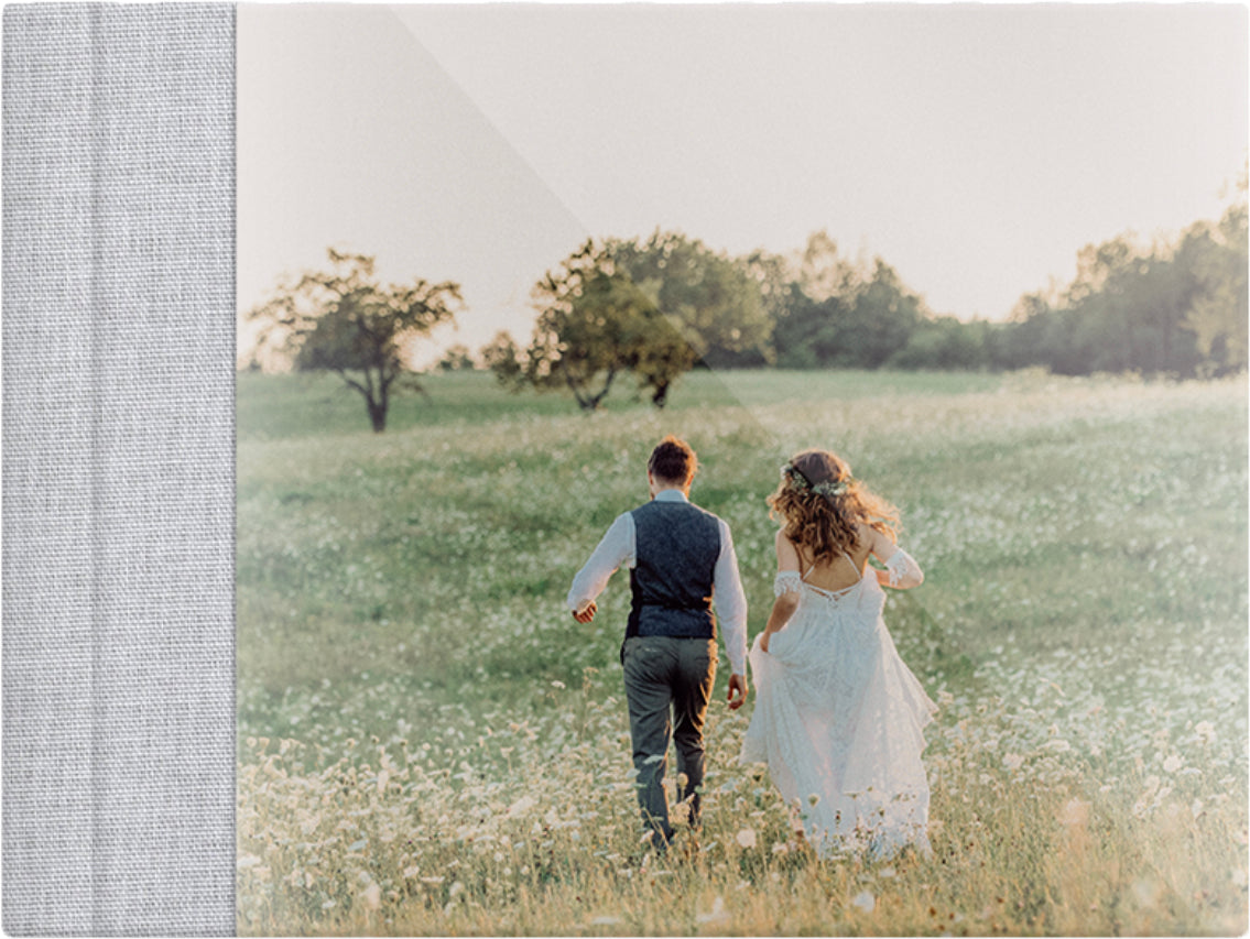 Cold Grey linen wedding album, full acrylic photo cover, 18x12