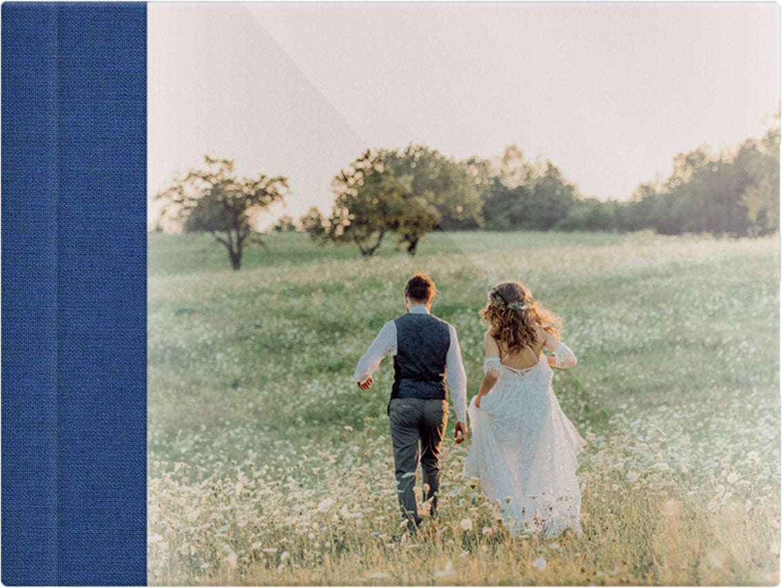 Navy linen wedding album, full acrylic photo cover, 18x12