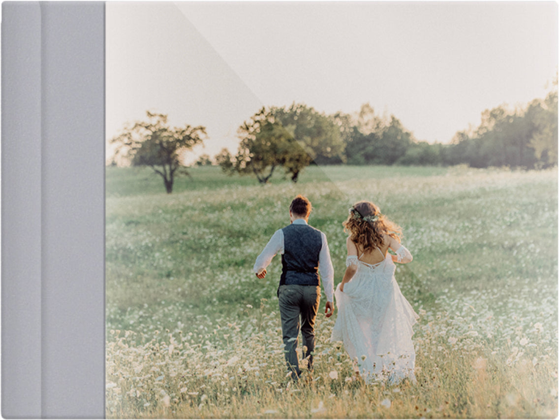 Smoke Grey leatherette wedding album, full acrylic photo cover, 18x12