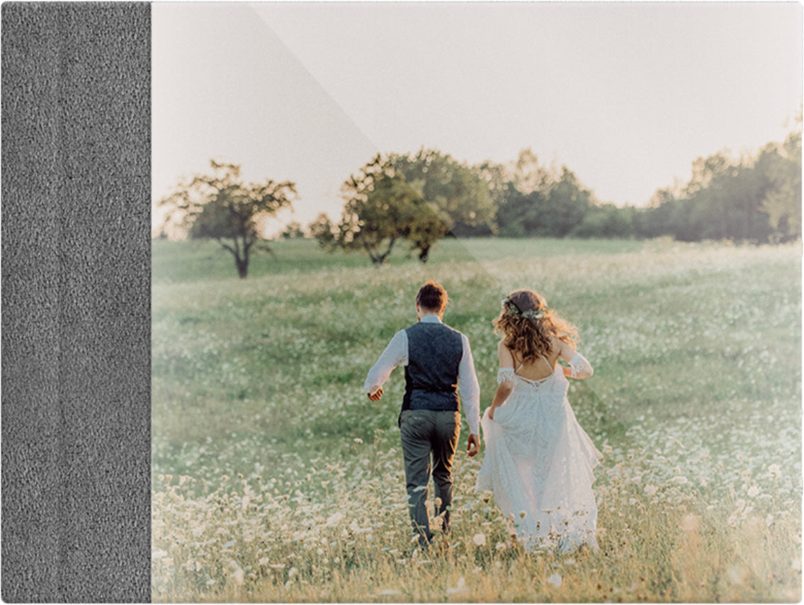 Iron Grey suede wedding album, full acrylic photo cover, 18x12