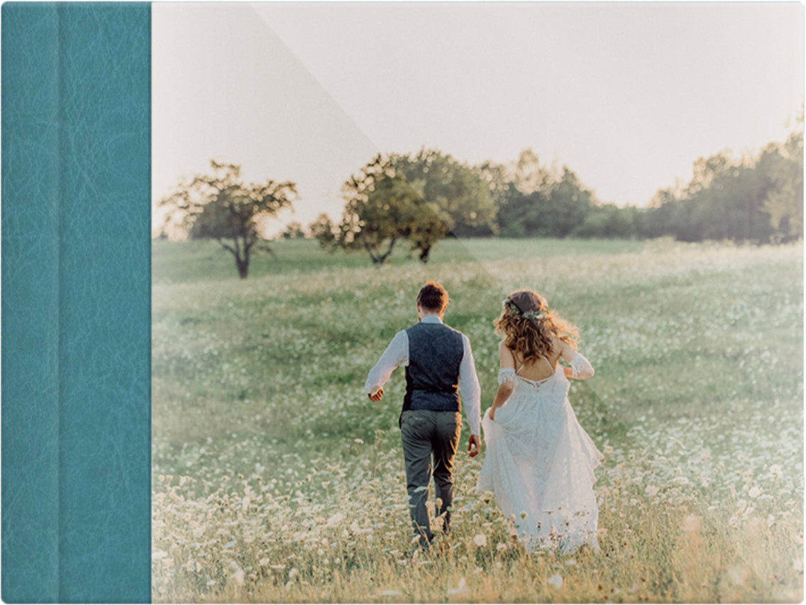 Turquoise leatherette wedding album, full acrylic photo cover, 18x12