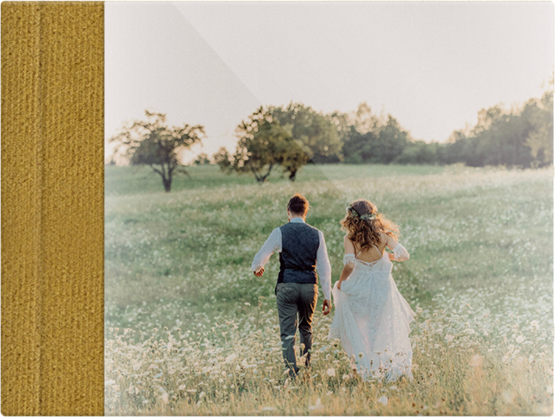 Dijon Yellow velvet wedding album, full acrylic photo cover, 18x12