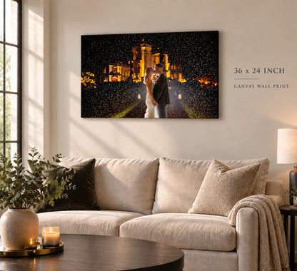 36x24 inch canvas wall print of a wedding couple at night, hanging above a sofa in a living room